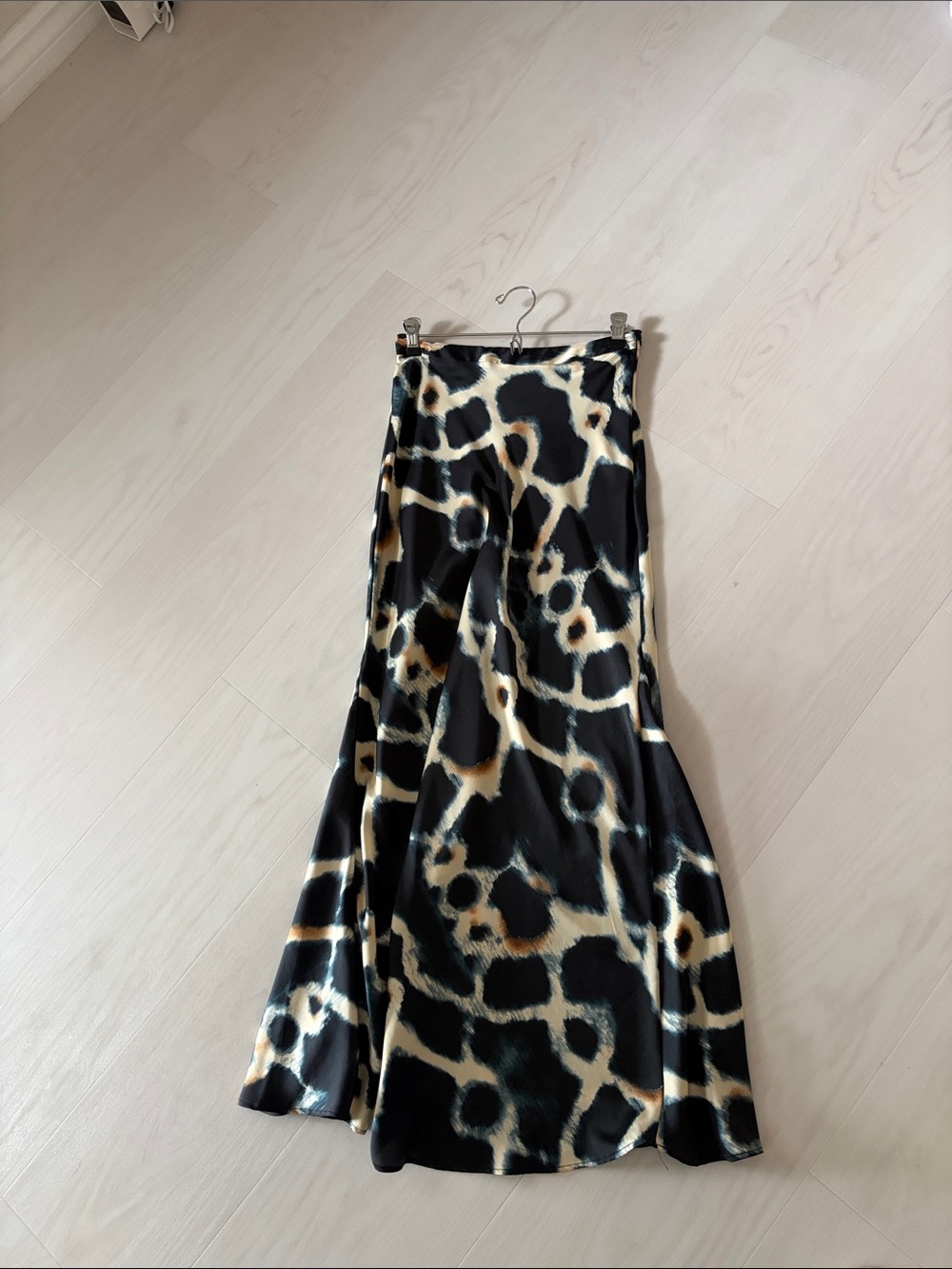 Zara Black and Cream Animal Print Satin Skirt